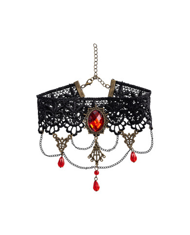 Colar with lace and red gems on card