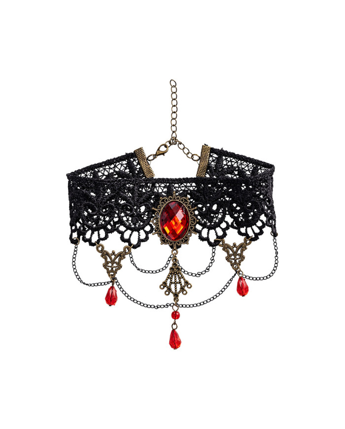 Colar with lace and red gems on card