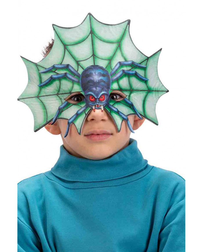 Half face mask in green fabric with a horrible blue spider with