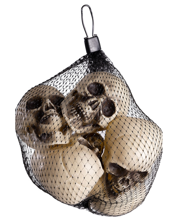 6 calaveras de 5 cm de alto aprox. en bolsa de malla con etiqueta colgante/etiqueta adhesiva