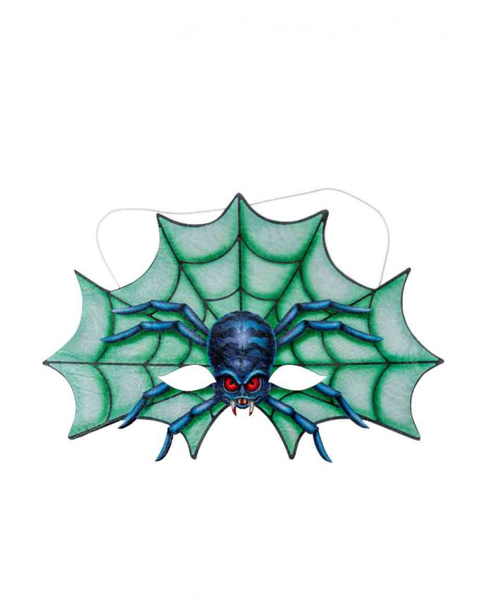 Half face mask in green fabric with a horrible blue spider with