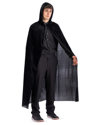Cape en velours noir avec capuche, long. 130 cm env., dans un sachet avec crochet