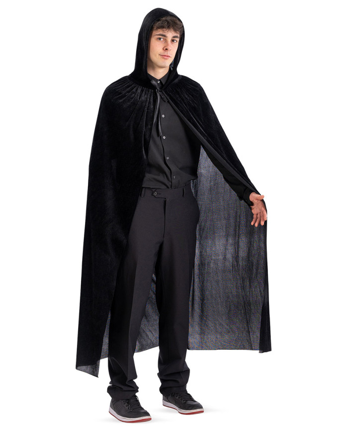 Cape en velours noir avec capuche, long. 130 cm env., dans un sachet avec crochet
