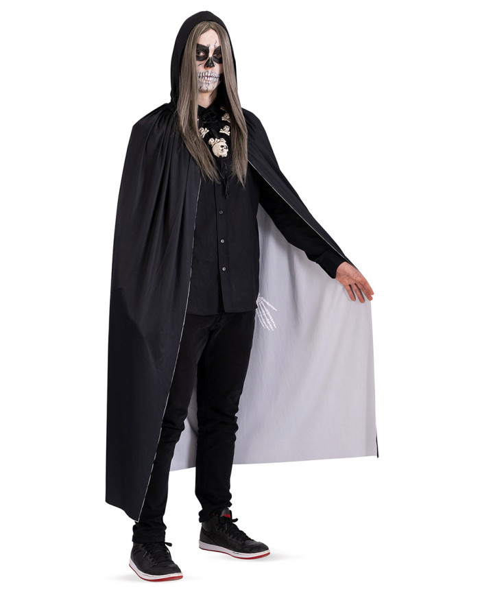 Cape en jersey avec squelette imprimé et capuche, long. 130 cm env., dans un sachet avec crochet