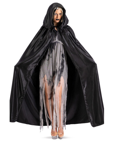 Black satin cape with hood length cm. 130 in bag w/hook
