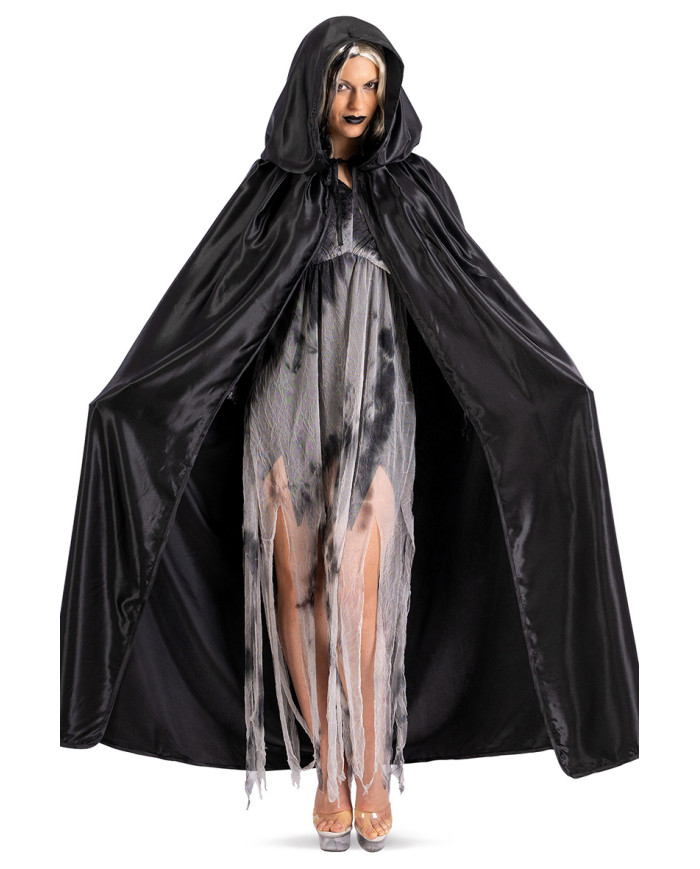Black satin cape with hood length cm. 130 in bag w/hook