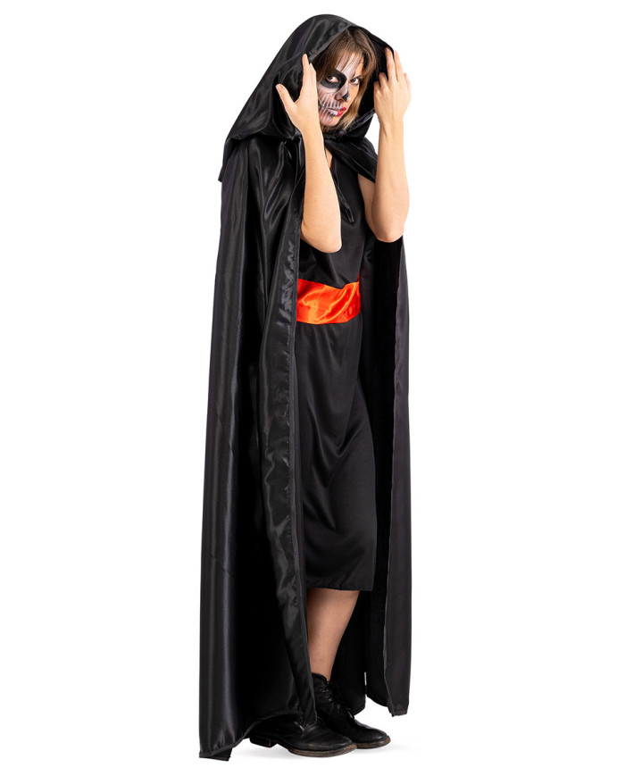 Black satin cape with hood length cm. 130 in bag w/hook