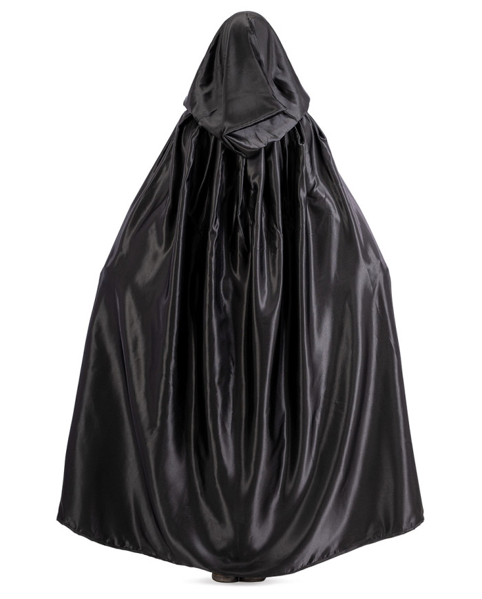 Black satin cape with hood length cm. 130 in bag w/hook