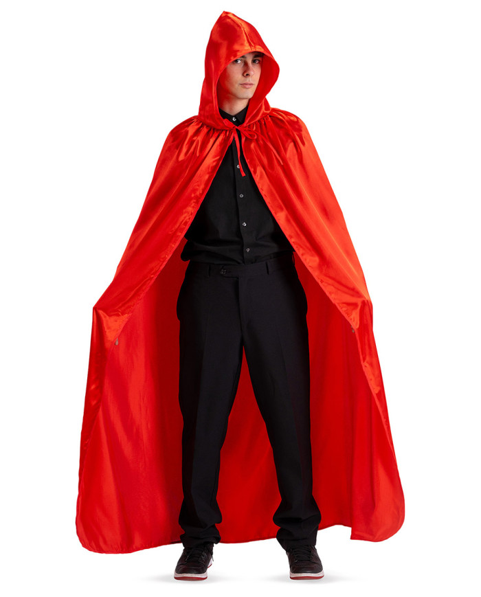 Cape en satin rouge avec capuche, long. 130 cm env., dans un sachet avec crochet