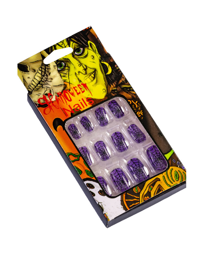 Unghie viola con ragnatele adesive in scatola