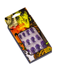 Faux ongles violets autocollants avec toiles d’araignée, dans une boîte