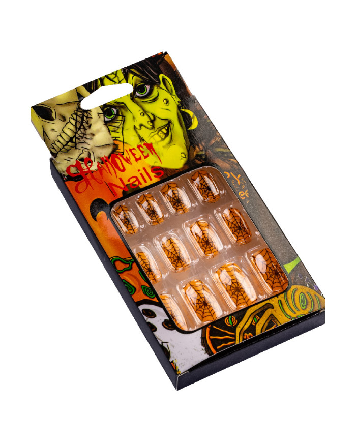 Faux ongles oranges avec toiles d’araignée, autocollants, dans une boîte