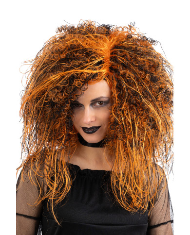 Perruque cheveux bouclés noire et orange, dans un étui