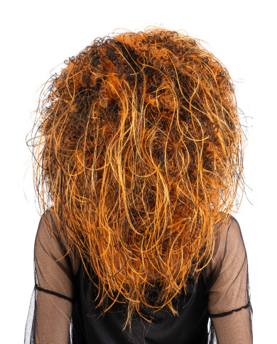 Lockenkopf-Perücke, schwarz und orange, in Koffer