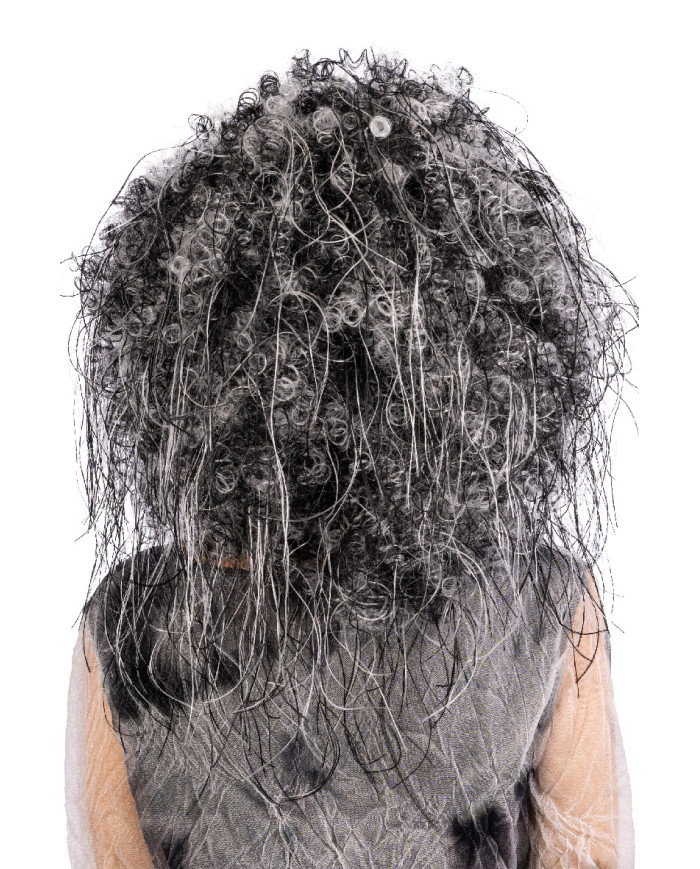 Perruque cheveux bouclés noire et blanche, dans un étui