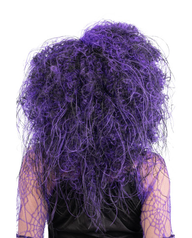 Perruque cheveux bouclés noire et violette, dans un étui