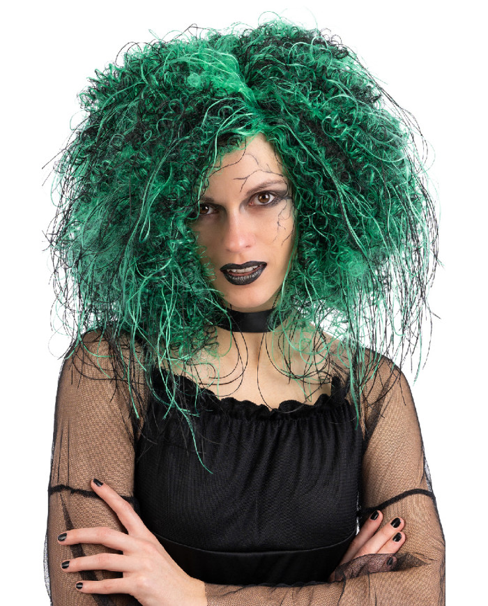 Perruque cheveux bouclés noire et verte, dans un étui