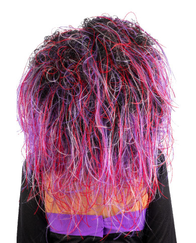 Perruque cheveux bouclés multi-couleurs violet, dans un étui