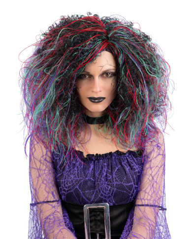 Perruque cheveux bouclés multi-couleurs vert, dans un étui