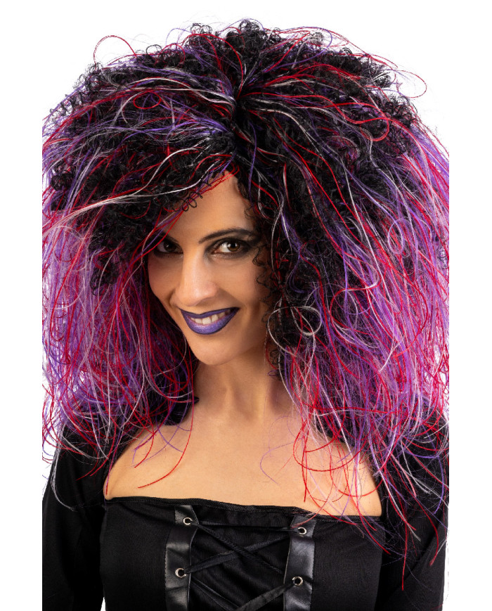 Perruque cheveux bouclés multi-couleurs violet, dans un étui