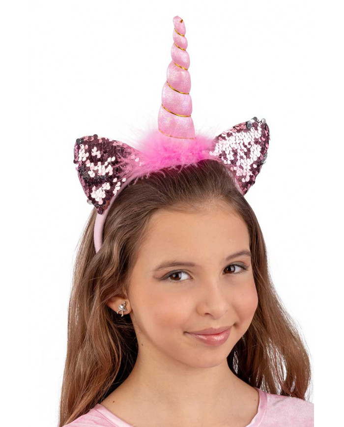 Pink unicorn headband with two ears decorated with reversible