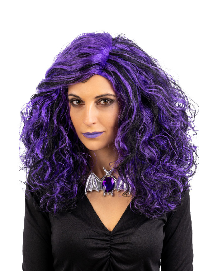 Perruque cheveux frisés noire et violette, dans un étui