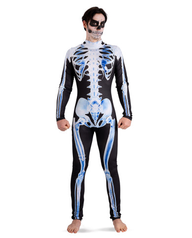 Déguisement combinaison squelette bleu clair unisexe taille (M-L), dans un sachet avec crochet
