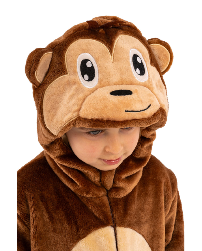 Monkey fleece jumpsuit with hood in bag w/hook