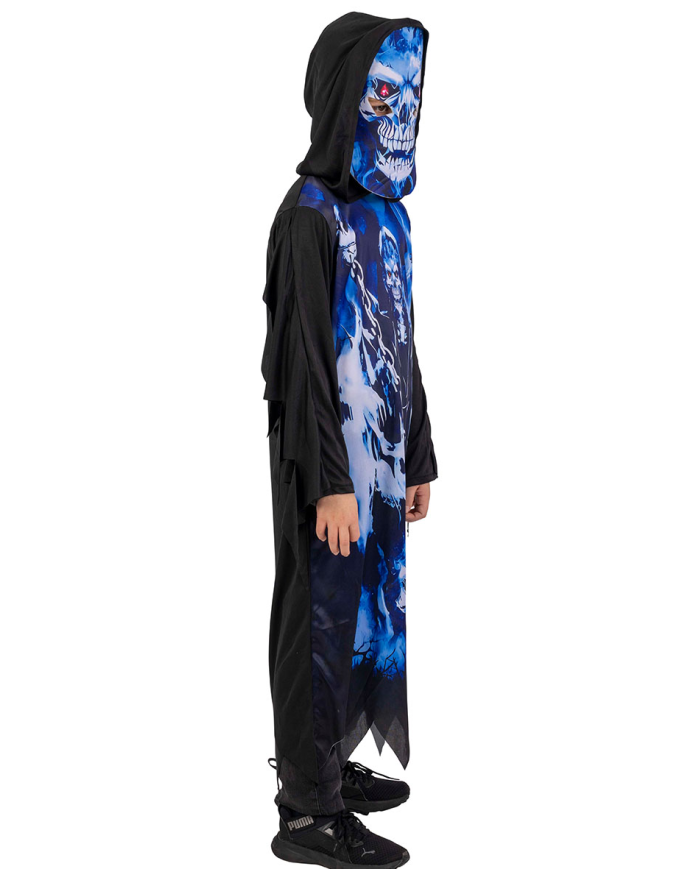 Tunika mit Kapuze und blauen Skelettdrucken und Maske in Beutel mit Haken