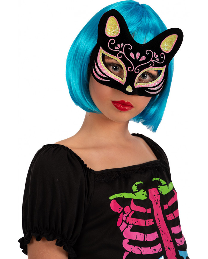 Plastic and velvet half face cat mask with fluo glitter