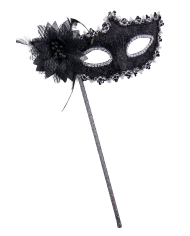 Black fabric mask with flower and stick with hangtag/label