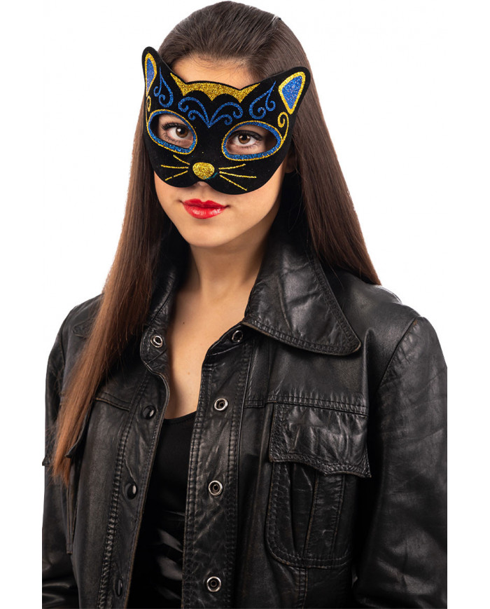 Plastic and velvet half face cat mask with gold and blue