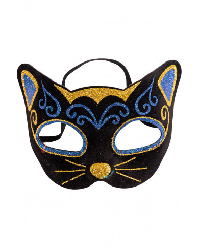 Plastic and velvet half face cat mask with gold and blue