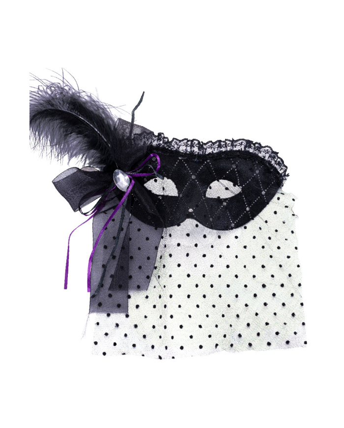 Black velvet mask w/veil and decorations w/header
