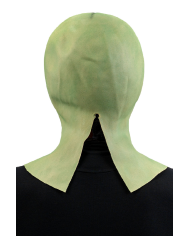 Masque extraterrestre vert en latex avec étiquette cartonnée pliée
