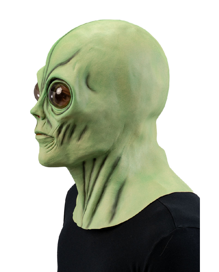 Masque extraterrestre vert en latex avec étiquette cartonnée pliée