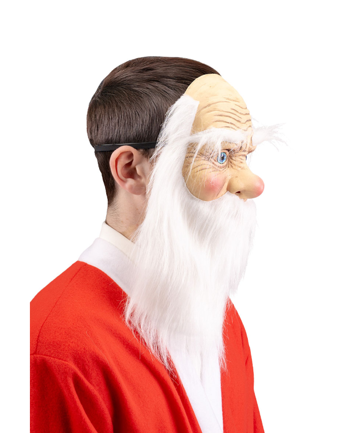 Masque Père Noël en latex avec barbe avec étiquette cartonnée pliée