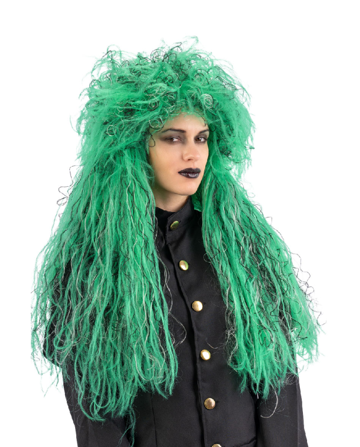 Peluca de bruja verde en maletín
