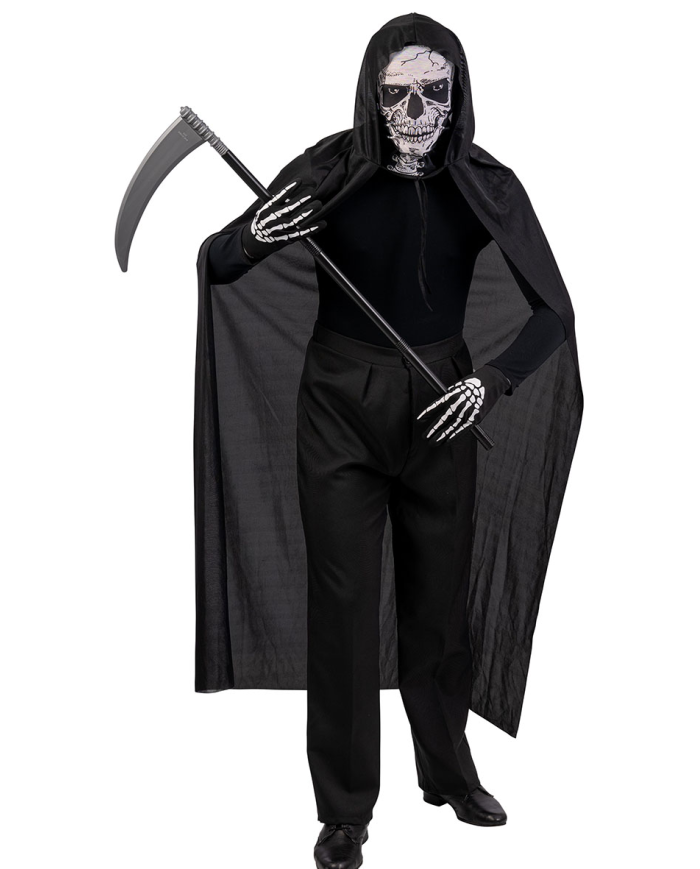 Skeleton set (coat, mask, gloves, sickle) in bag w/hook