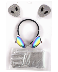 Kit alienígeno (diadema, guantes, gafas) sobre cartoncillo