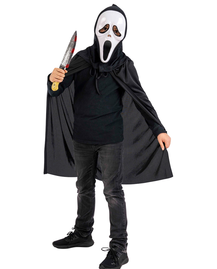 Set fantasma bimbo (mantello c/cappuccio l.cm.80 ca., maschera, coltello) in busta con gangio