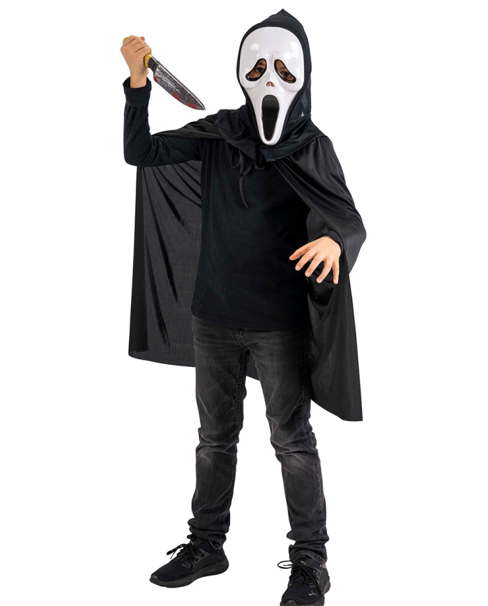 Ghost children set (cape with hood l.cm.80, mask, knife) in bag with hook