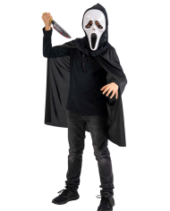 Kit de fantasma para niño (capa con capucha de unos 80 cm de longitud, máscara, cuchillo) en bolsa con percha