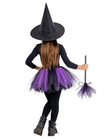 Kit de bruja para niña (falda, sombrero, escoba de unos 33 cm de longitud) en bolsa con solapa de cartón