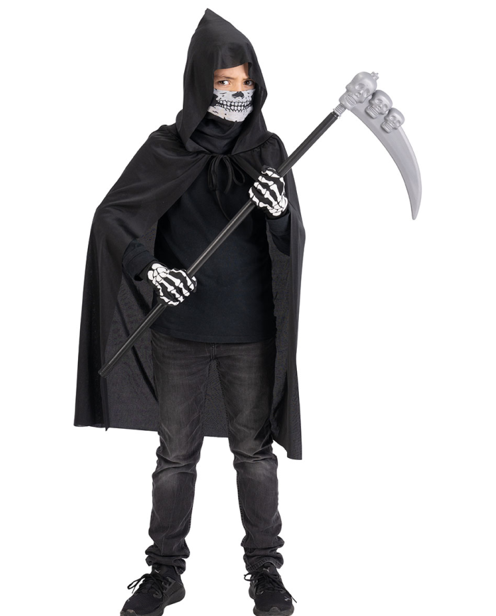 Skeleton children set (cape, mask, gloves, sickle) in bag w/hook