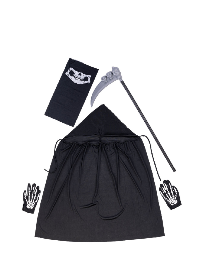 Skeleton children set (cape, mask, gloves, sickle) in bag w/hook