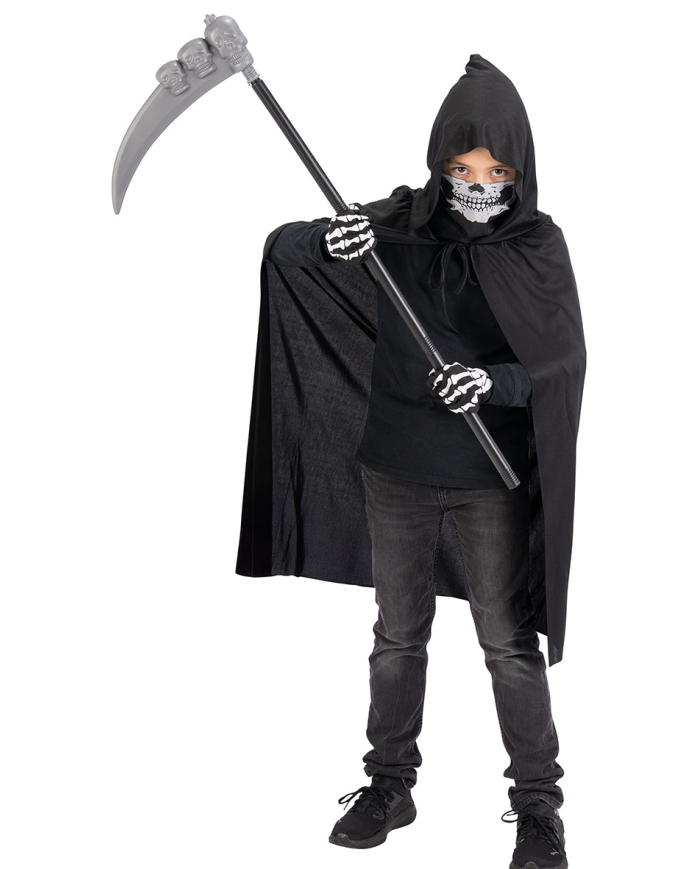 Skelett-Set für Kinder (Umhang, Maske, Handschuhe, Sense) in Beutel mit Haken