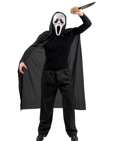 Ghost adult set (cape with hood l.cm.130, mask, knife) in bag with hook