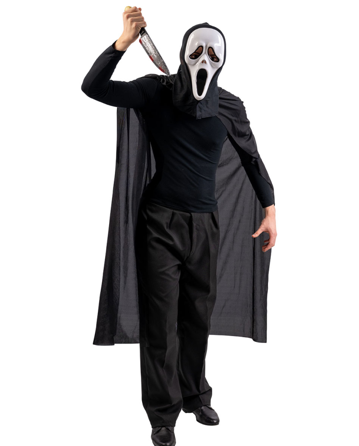 Ghost adult set (cape with hood l.cm.130, mask, knife) in bag with hook