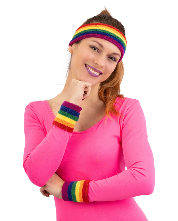 Fitness-Set regenbogenfarben (Stirnband und Handgelenkbänder) in Beutel mit Aufhänger